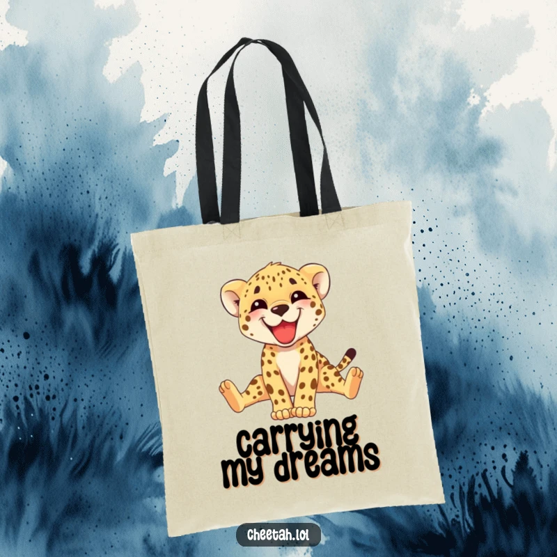 Funny cheetah cub tote bag with a grinning cub stretching its long legs, perfect for shopping or daily use. A cute gift.