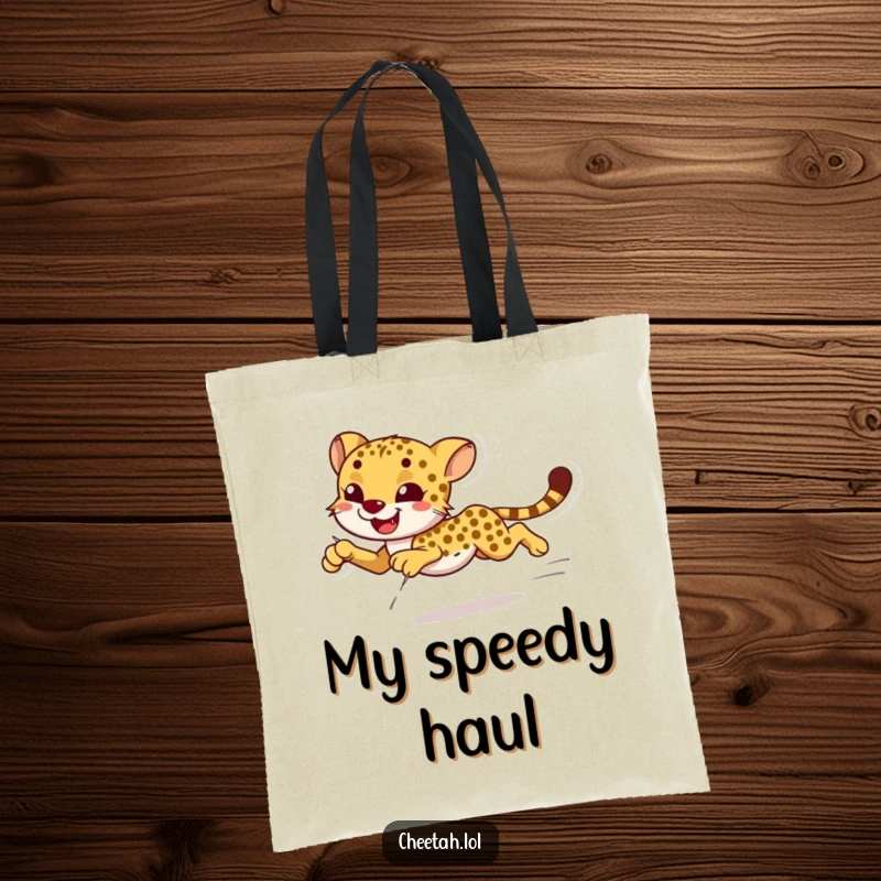 Funny smiling cheetah sprinting with effortless grace on a tote bag, ideal for shoppers.