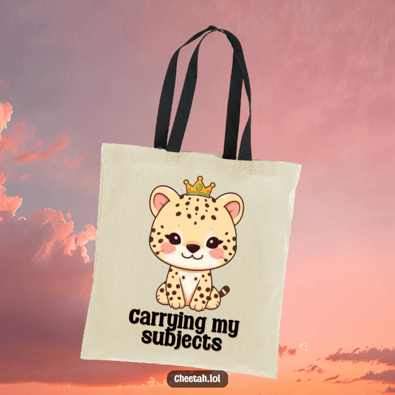 Funny tote bag illustrating a regal cheetah character with a gentle smile and a small crown, perfect for carrying essentials.