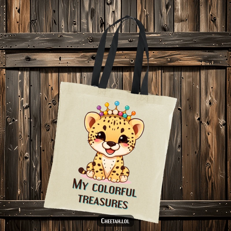 Funny giggling cheetah cub wearing a crown of colorful beads, on a sturdy tote bag, carrying cheer, a funny gift.