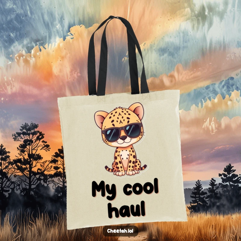 Funny kawaii cheetah wearing sunglasses, posing confidently on a tote bag, ideal for shoppers.