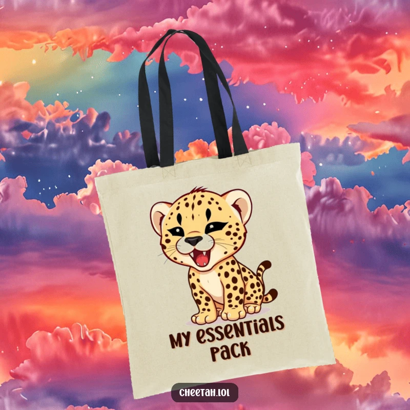 Funny tote bag with a cheetah cub practicing its roar with a tiny, fierce expression, perfect for carrying items with humor.