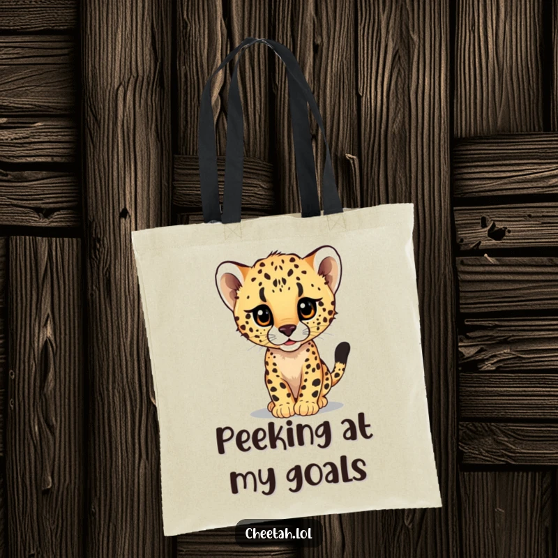 Funny tote bag illustrating a curious cheetah cub peeking from a giant, fast blur, perfect for carrying items with flair.