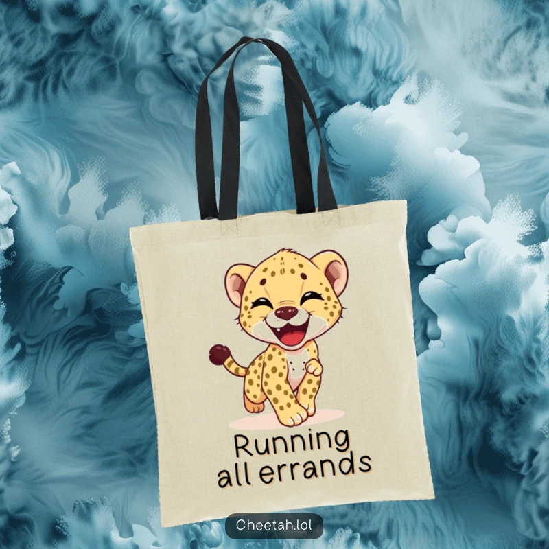 Funny tote bag showcasing a giggling cheetah cub in a hilarious, energetic pursuit of its own tail, radiating happiness.