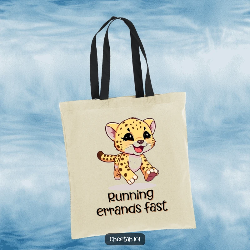 Funny cheetah cub with joyful motion streaks running on a tote bag, showcasing vibrant energy for screen readers.